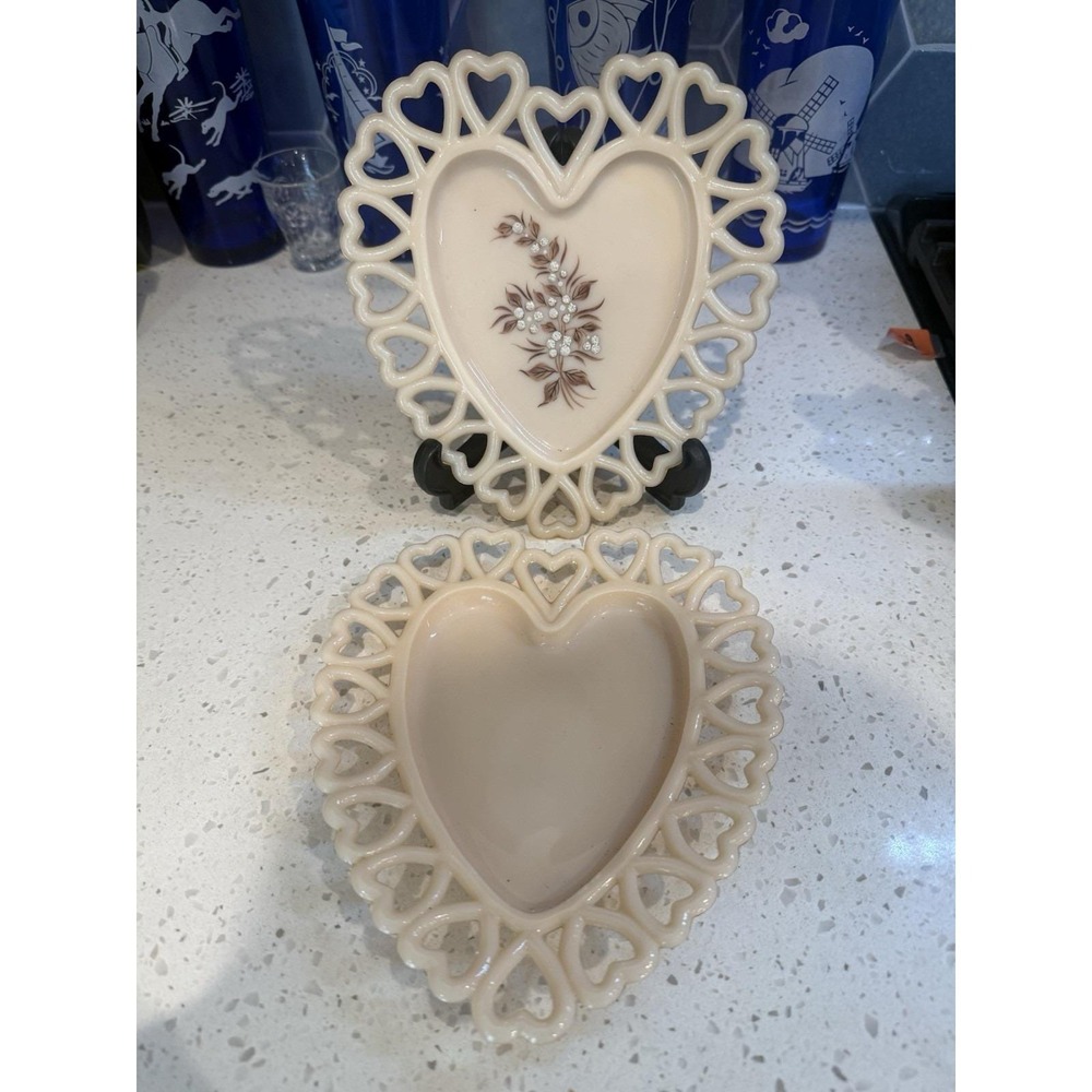 2 Westmoreland Almond Cream Heart Plate Lace Hand Painted Mid Century Milk Glass